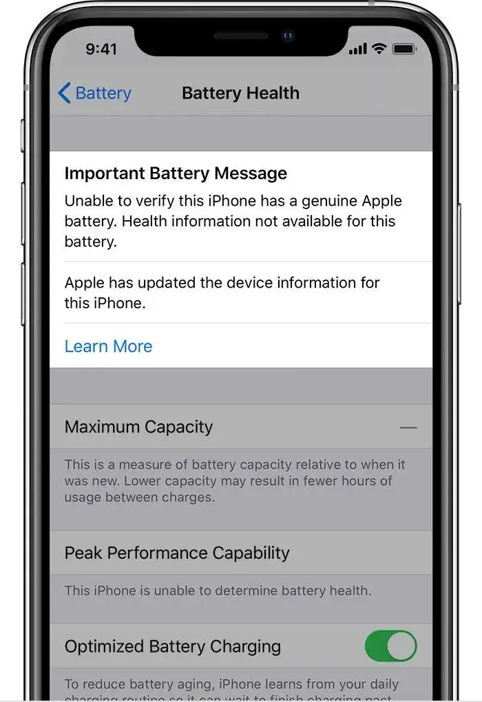 Genuine-Battery-Message-Apple Apple alert for non genuine battery replacement for iPhone.